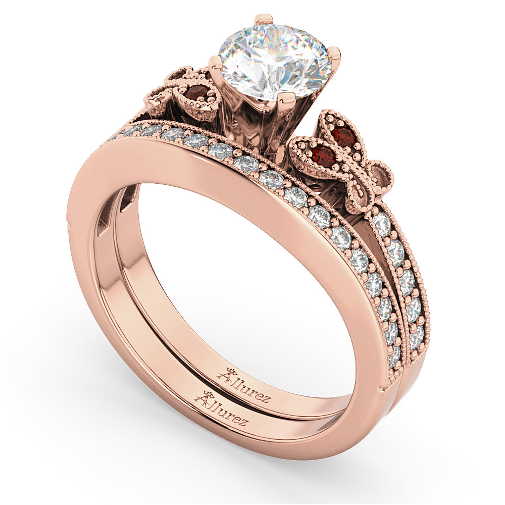 Butterfly Diamond & Garnet Bridal Set 14k Rose Gold (0.42ct)