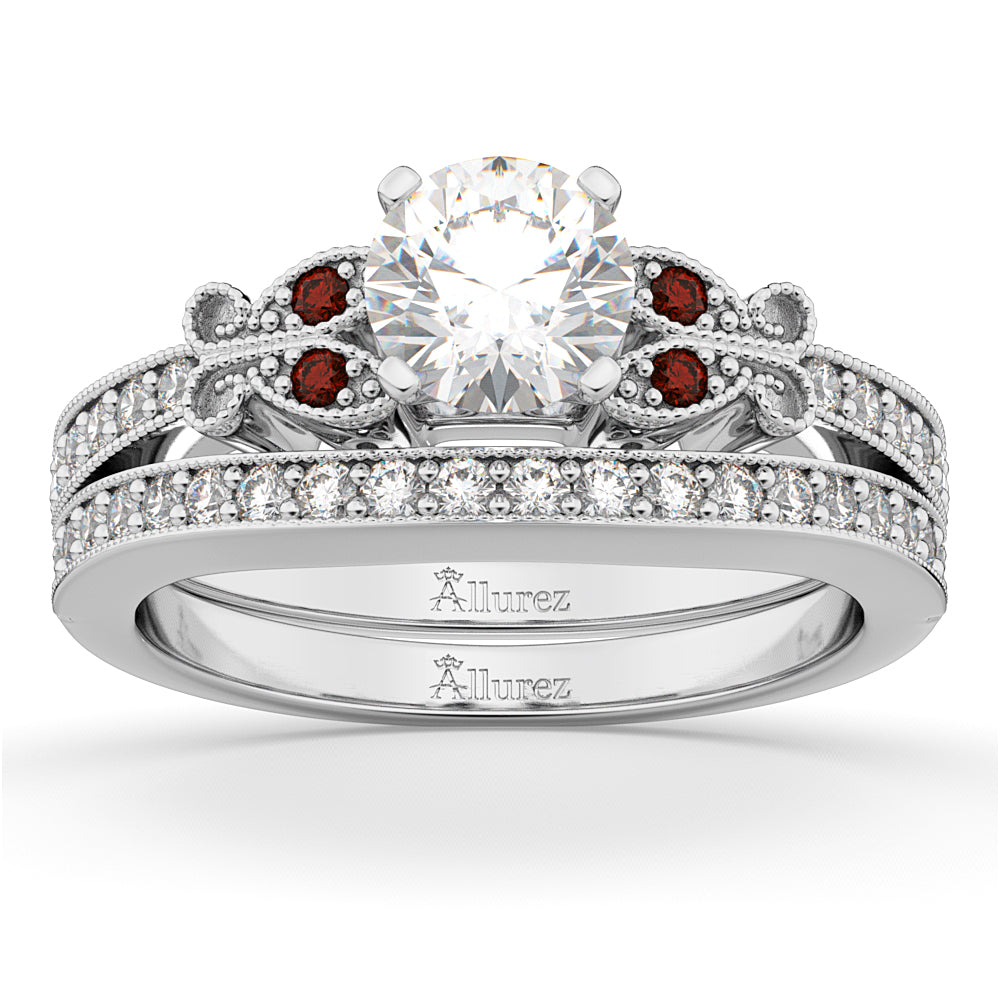 Butterfly Diamond & Garnet Bridal Set 14k White Gold (0.42ct)
