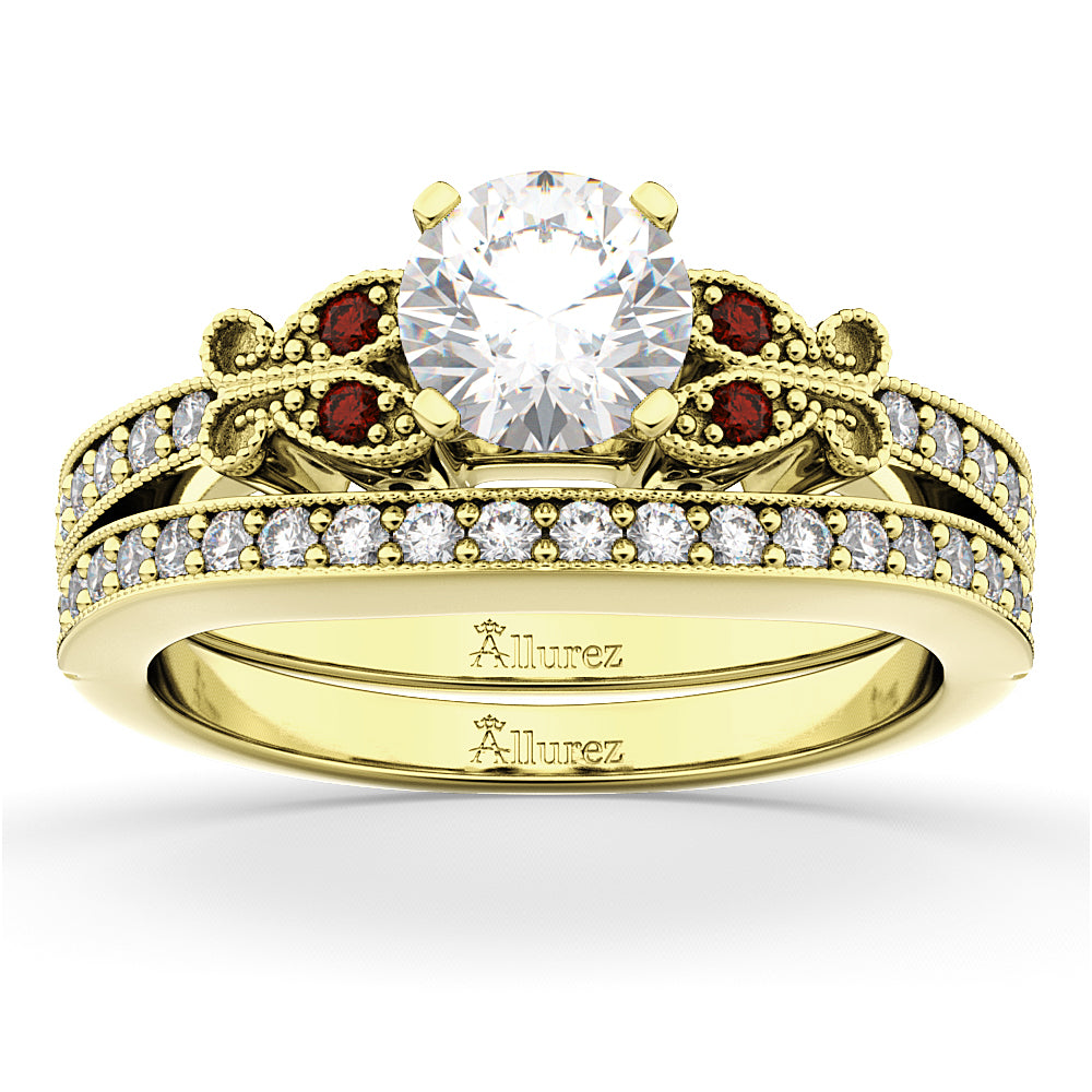 Butterfly Diamond & Garnet Bridal Set 14k Yellow Gold (0.42ct)