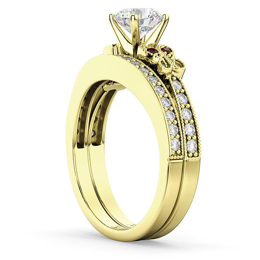 Butterfly Diamond & Garnet Bridal Set 14k Yellow Gold (0.42ct)