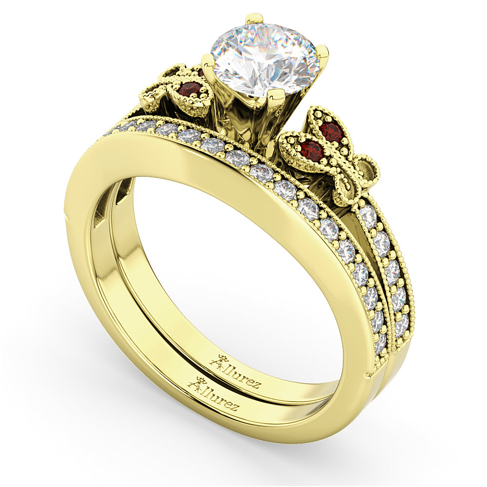 Butterfly Diamond & Garnet Bridal Set 14k Yellow Gold (0.42ct)