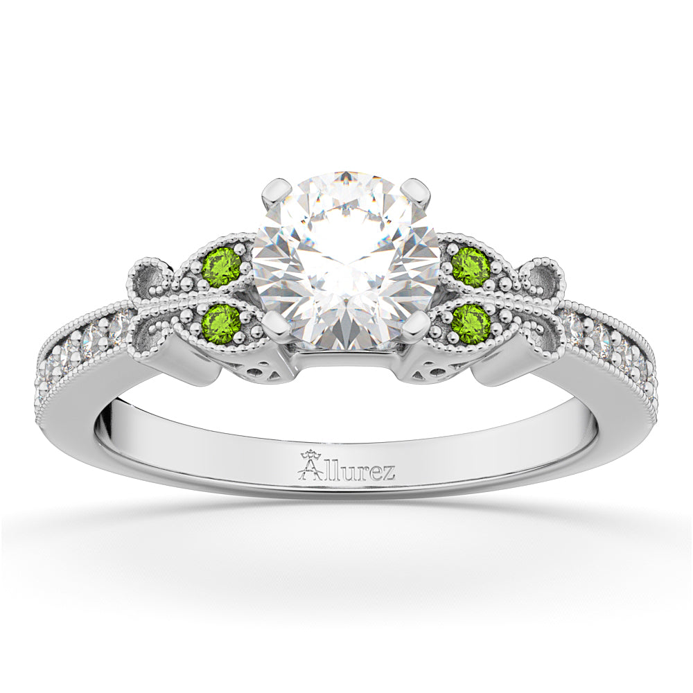 Butterfly Diamond & Peridot Engagement Ring 14k White Gold (0.20ct)