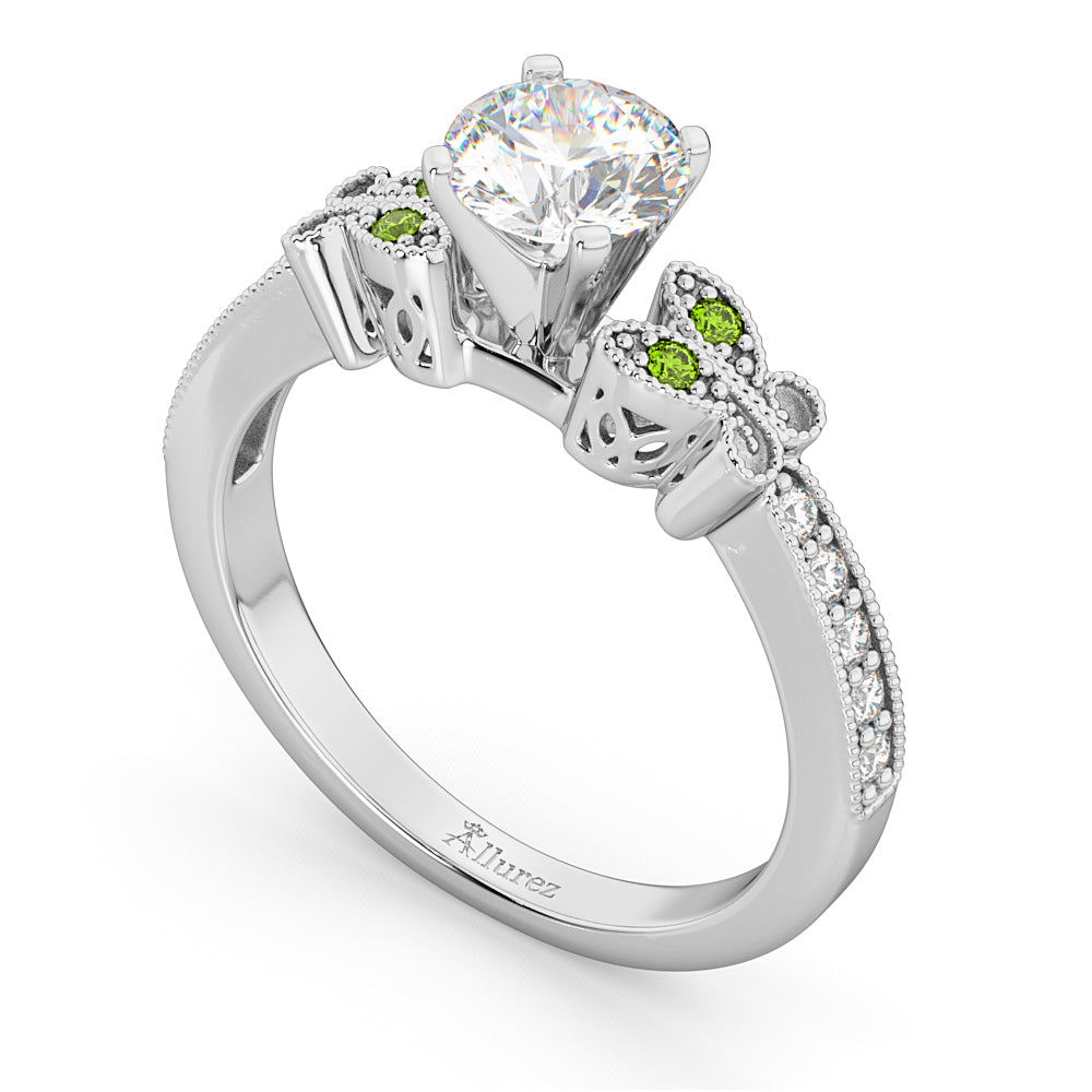 Butterfly Diamond & Peridot Engagement Ring 18k White Gold (0.20ct)