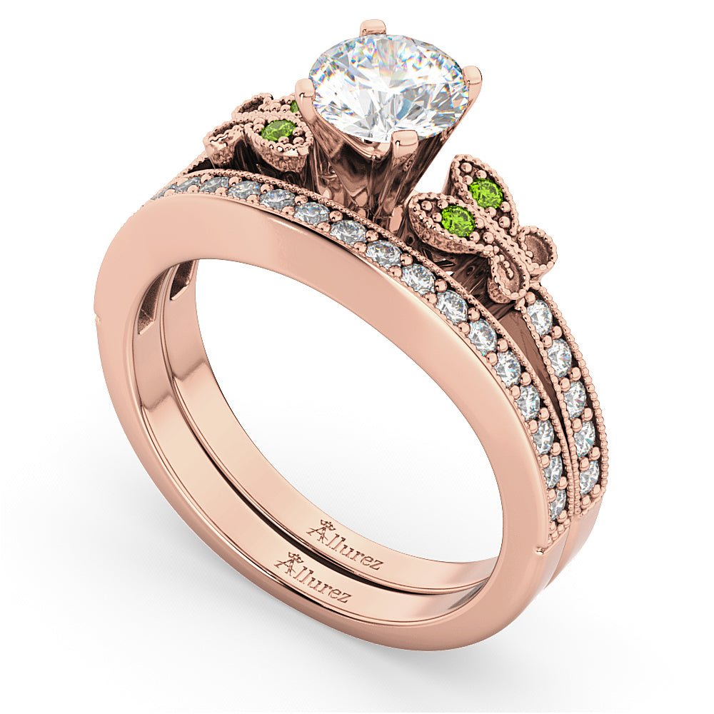 Butterfly Diamond & Peridot Bridal Set 14k Rose Gold (0.42ct)
