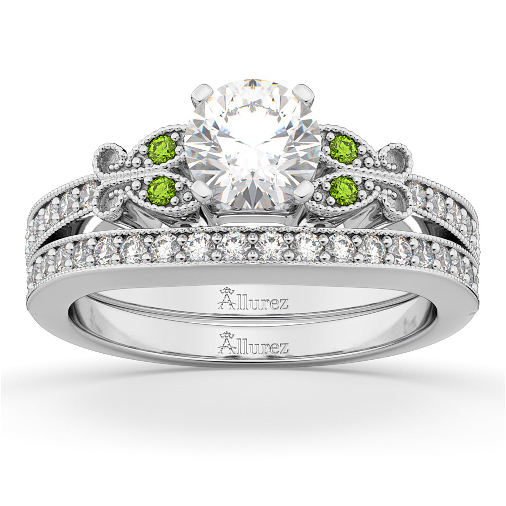 Butterfly Diamond & Peridot Bridal Set 14k White Gold (0.42ct)