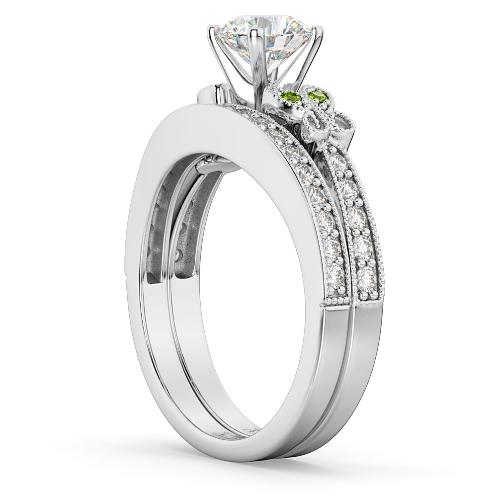 Butterfly Diamond & Peridot Bridal Set 14k White Gold (0.42ct)