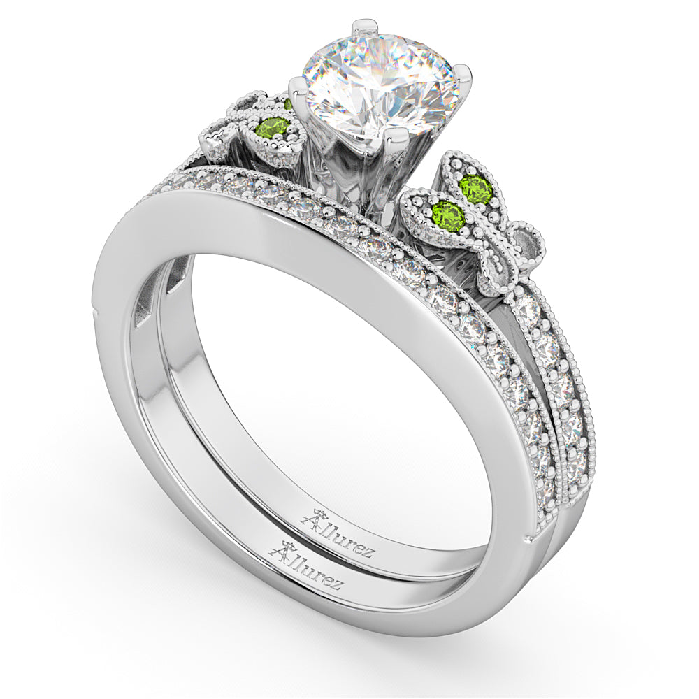 Butterfly Diamond & Peridot Bridal Set 14k White Gold (0.42ct)
