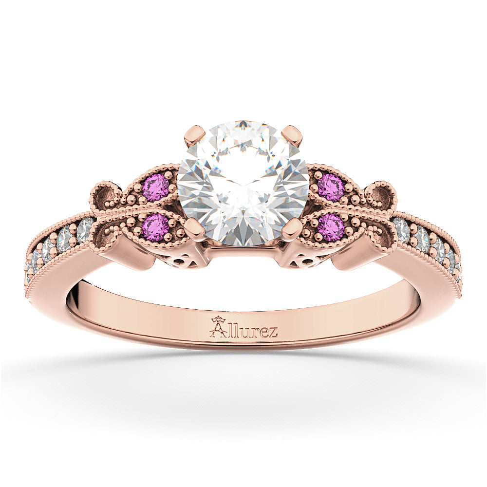 Butterfly Diamond & Pink Sapphire Engagement Ring 14k Rose Gold (0.20ct)