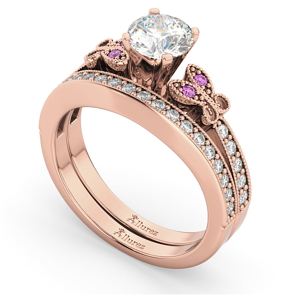 Butterfly Diamond & Pink Sapphire Bridal Set 14k Rose Gold (0.42ct)