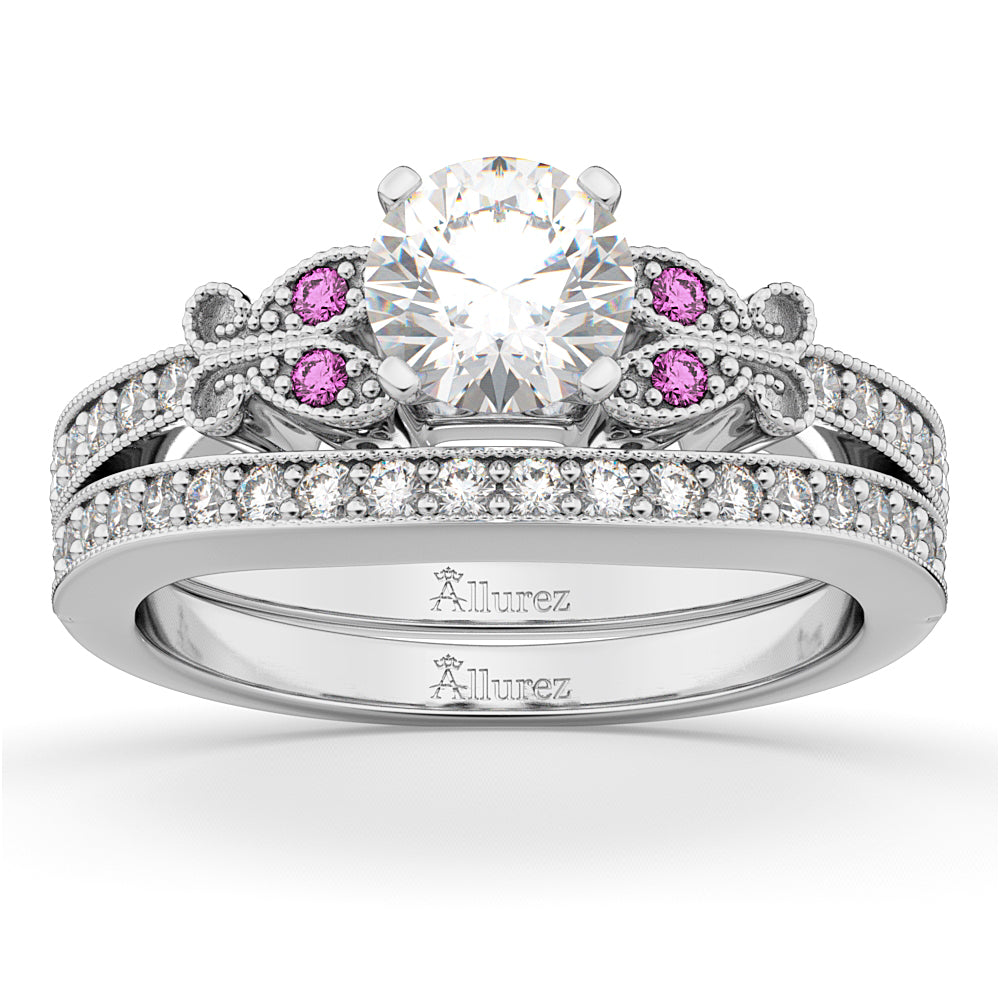 Butterfly Diamond & Pink Sapphire Bridal Set 18k White Gold (0.42ct)