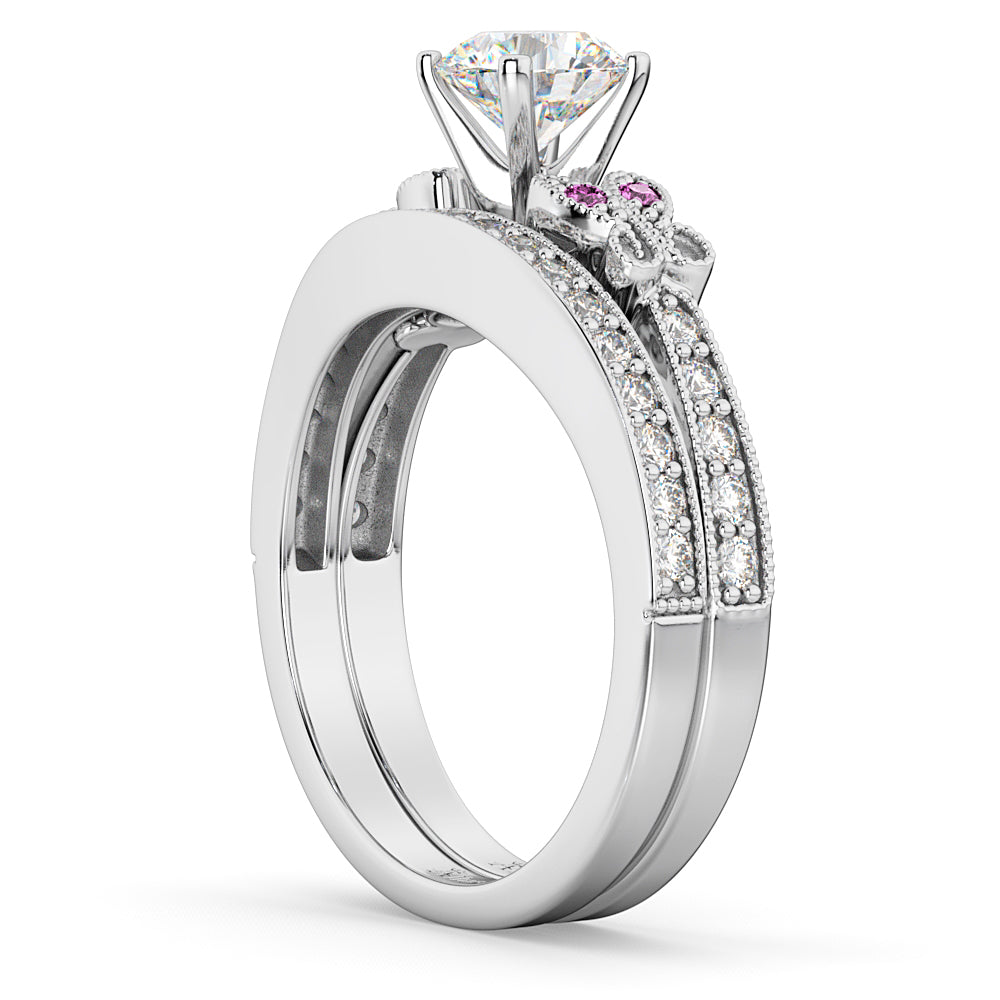 Butterfly Diamond & Pink Sapphire Bridal Set 18k White Gold (0.42ct)