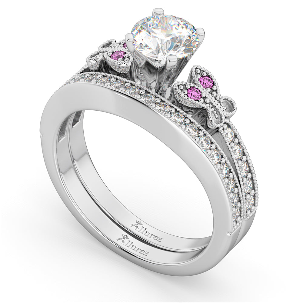 Butterfly Diamond & Pink Sapphire Bridal Set 18k White Gold (0.42ct)