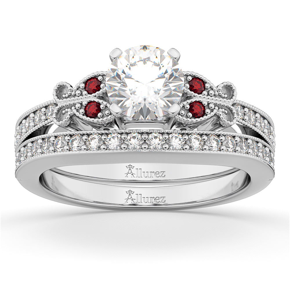 Butterfly Diamond & Ruby Bridal Set 14k White Gold (0.42ct)