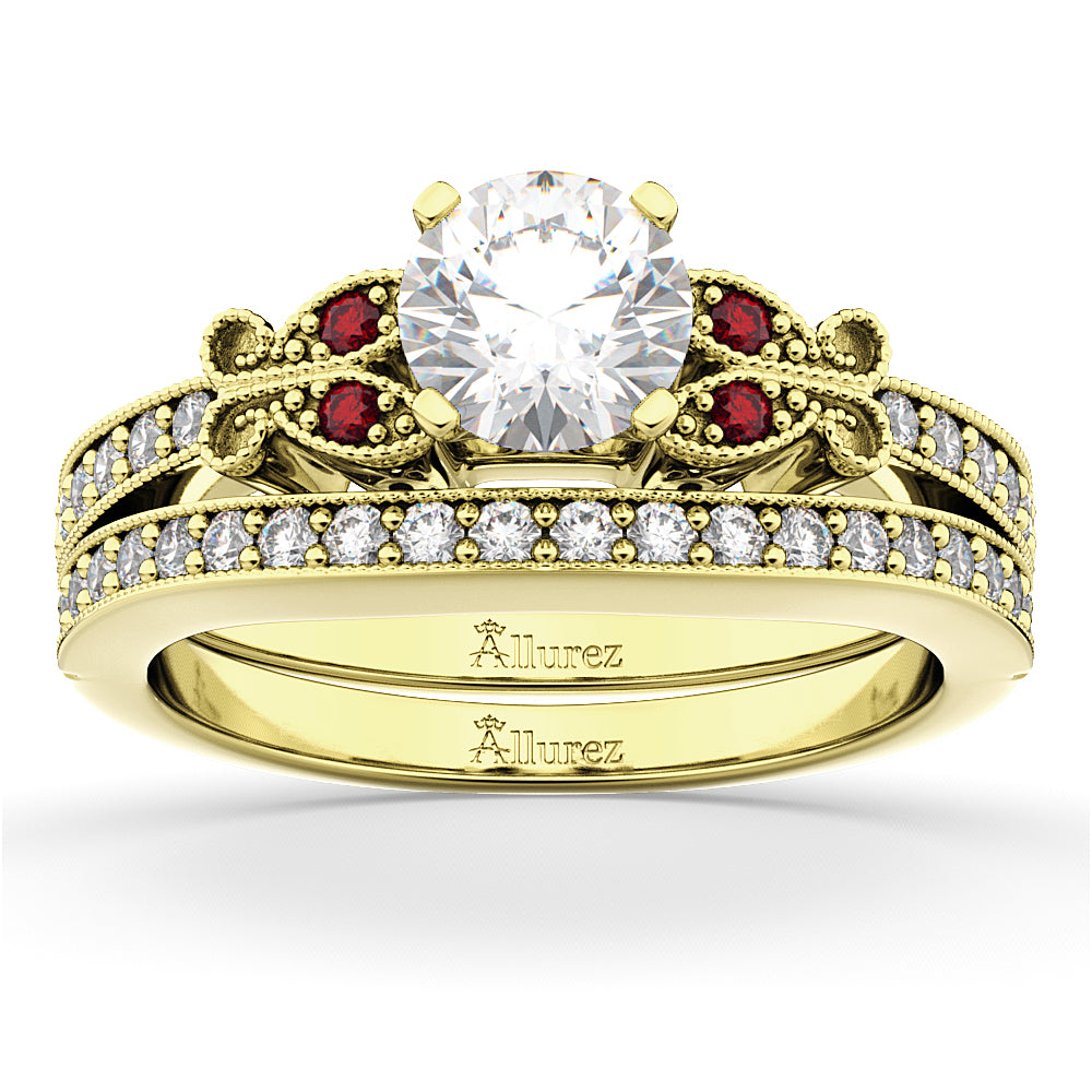 Butterfly Diamond & Ruby Bridal Set 14k Yellow Gold (0.42ct)
