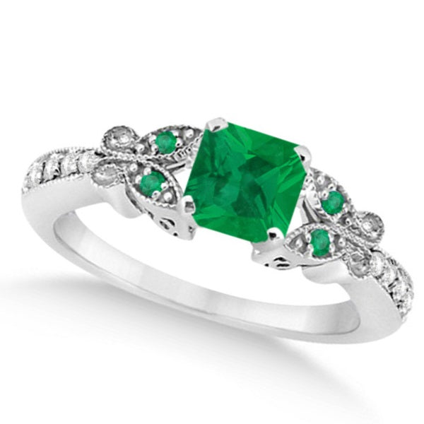 Butterfly Genuine Emerald & Diamond Princess Ring 14k W. Gold 1.31ct