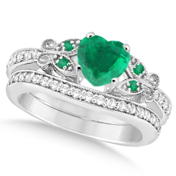 Butterfly Genuine Emerald & Diamond Heart Bridal Set 14k Gold 1.53ct