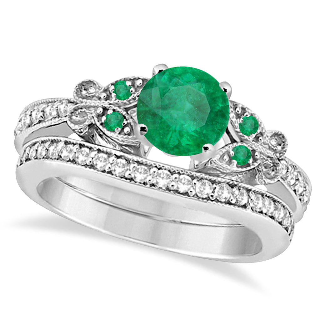 Butterfly Genuine Emerald & Diamond Bridal Set 18K White Gold (2.13ct)