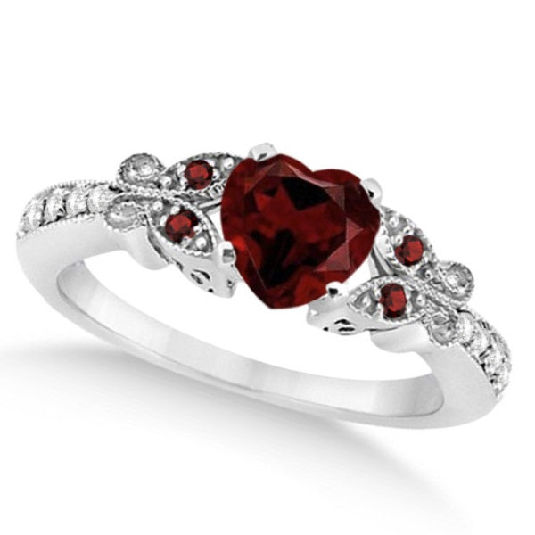 Butterfly Genuine Garnet & Diamond Heart Engagement 14K W Gold 1.33ct