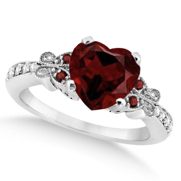 Butterfly Genuine Garnet & Diamond Heart Engagement 14K W Gold 2.48ct