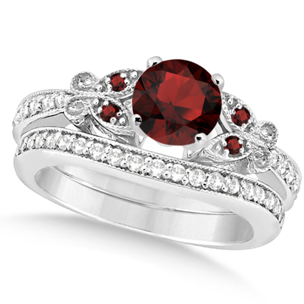 Butterfly Genuine Garnet & Diamond Bridal Set 18k White Gold (1.50ct)