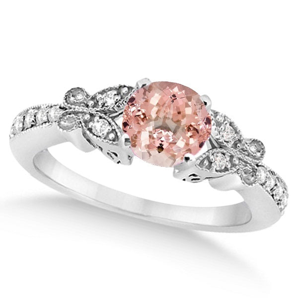 Butterfly Morganite & Diamond Engagement Ring 14K White Gold .88ct