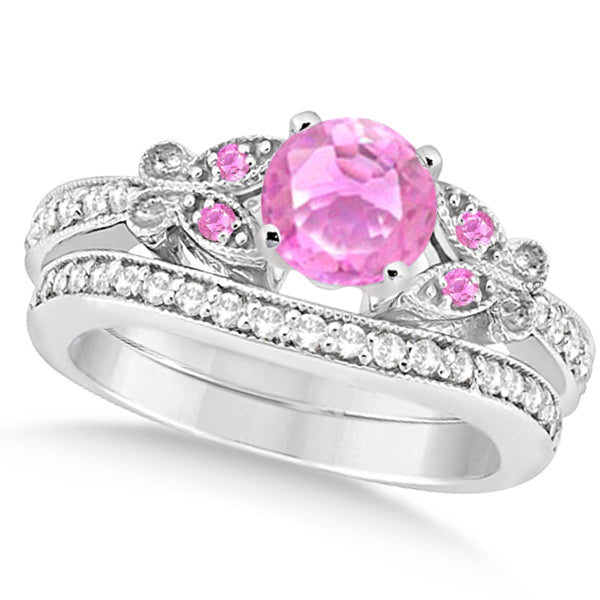 Butterfly Pink Sapphire & Diamond Bridal Set 14k White Gold (2.05ct)