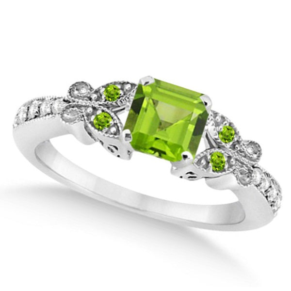 Butterfly Genuine Peridot & Diamond Princess Ring 14k W. Gold 1.31ct