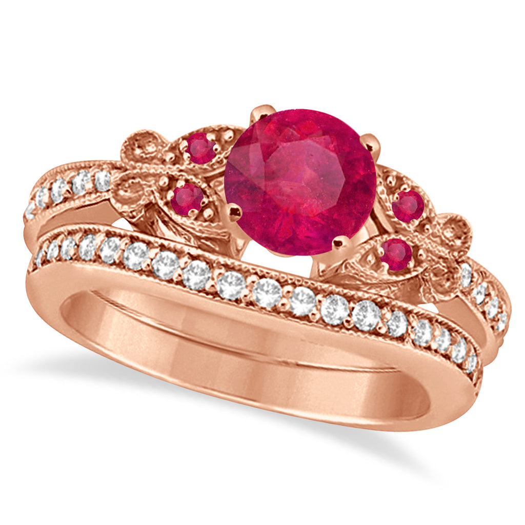 Butterfly Genuine Ruby & Diamond Bridal Set 14k Rose Gold 1.48ctw