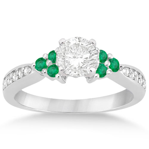 Floral Diamond and Emerald Engagement Ring 14k White Gold (0.28ct)
