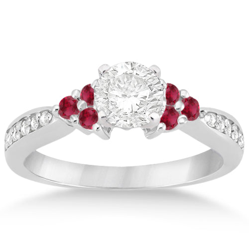 Floral Diamond and Ruby Engagement Ring Setting 14k White Gold (0.30ct)