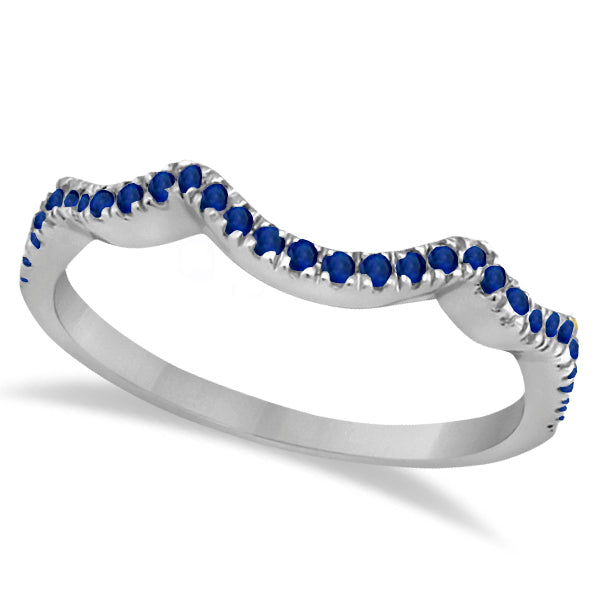 Contoured Semi Eternity Blue Sapphire Wedding Band 18K White Gold (0.21ct)