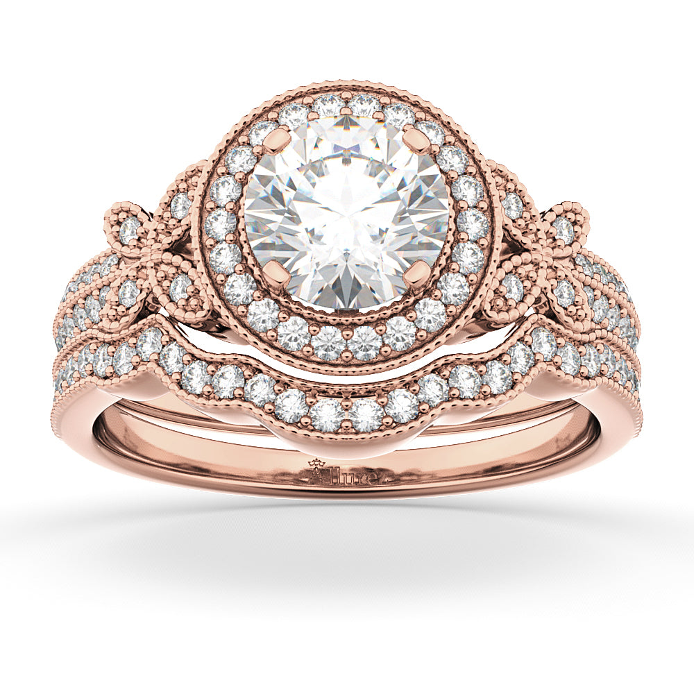 Butterfly Diamond Engagement Ring & Wedding Band 14k Rose Gold (0.58ct)