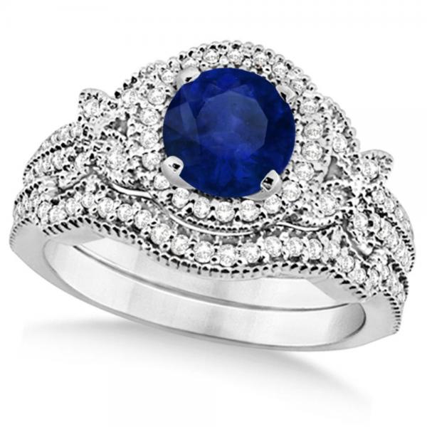Butterfly Halo Diamond Blue Sapphire Bridal Set in 14k White Gold (1.58ct)