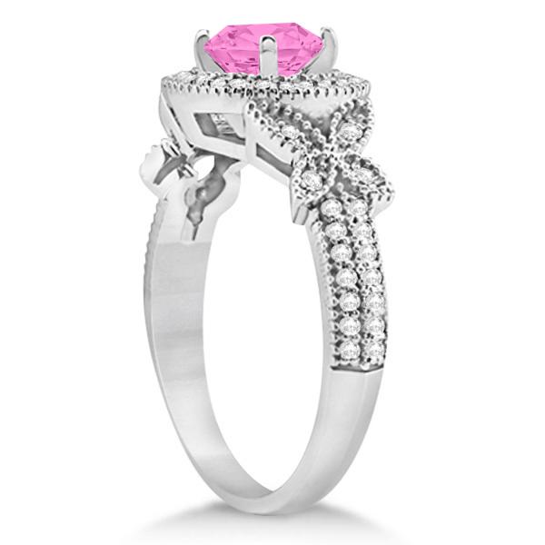 Butterfly Halo Diamond Pink Sapphire Bridal Set in 14k White Gold (1.58ct)