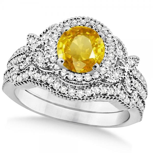 Butterfly Halo Diamond Yellow Sapphire Bridal Set in 14k White Gold (1.58ct)