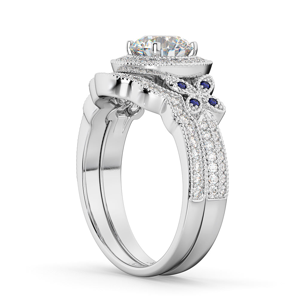 Butterfly Diamond & Sapphire Engagement Set 14k White Gold (0.50ct)