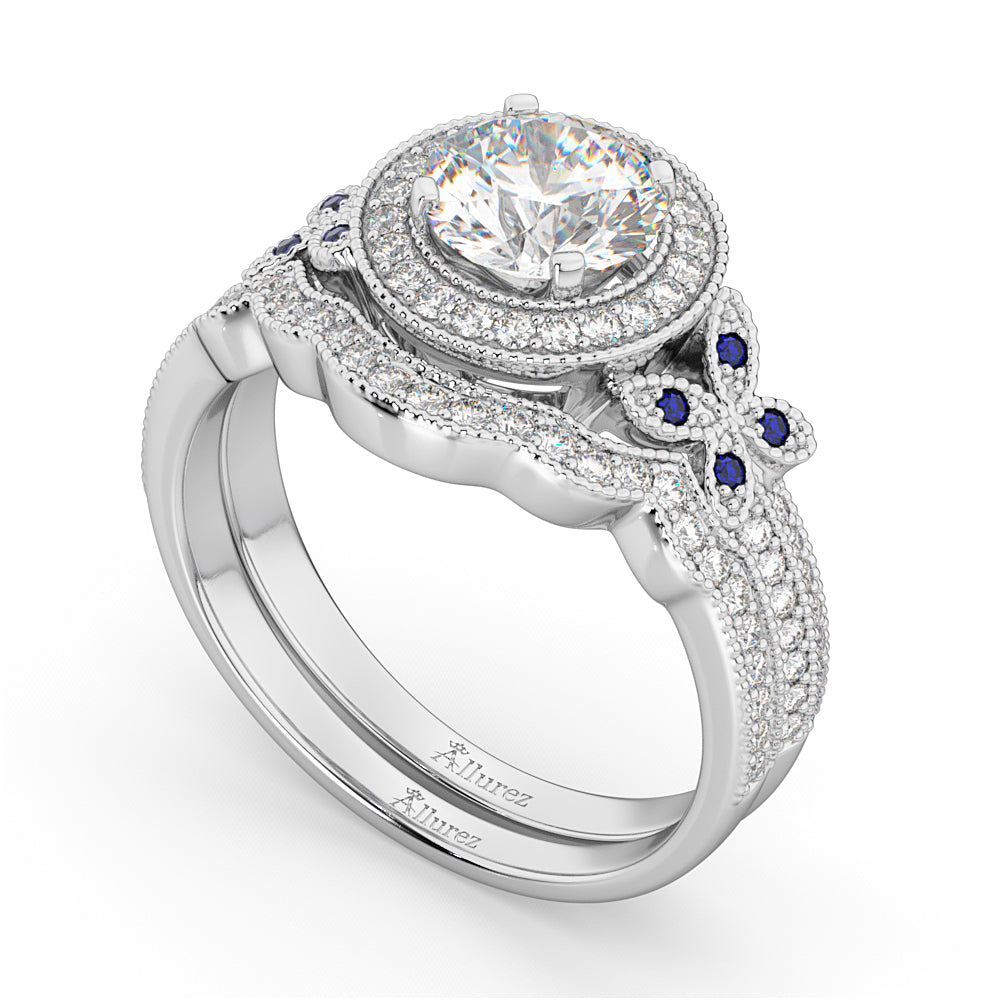 Butterfly Diamond & Sapphire Engagement Set 14k White Gold (0.50ct)
