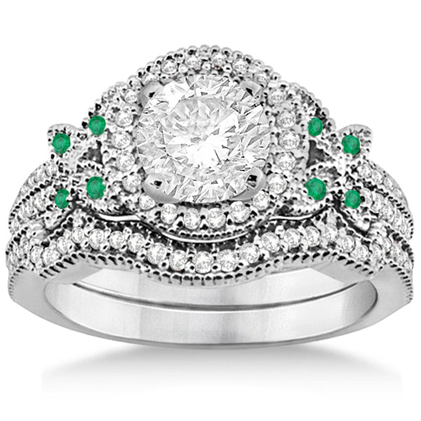 Butterfly Diamond & Emerald Engagement Ring & Band Platinum (0.50ct)