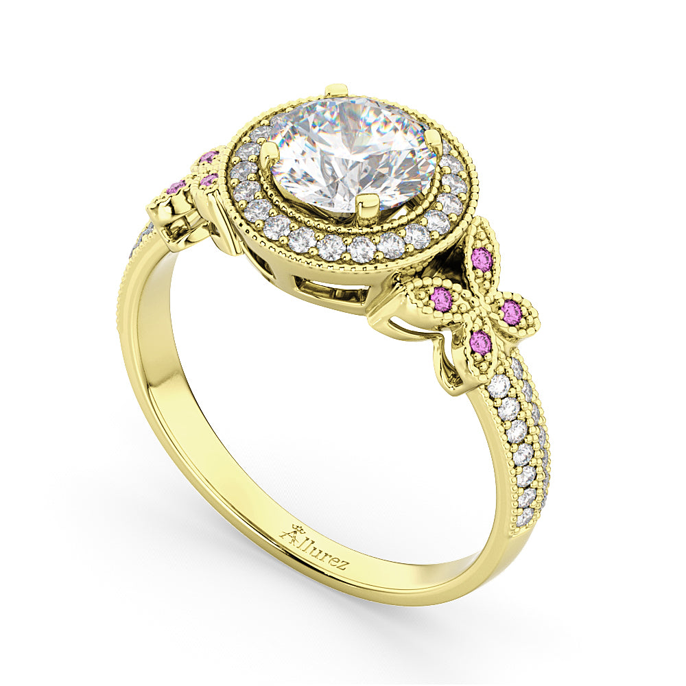 Diamond & Pink Sapphire Butterfly Engagement Ring 14k Yellow Gold (0.35ct)