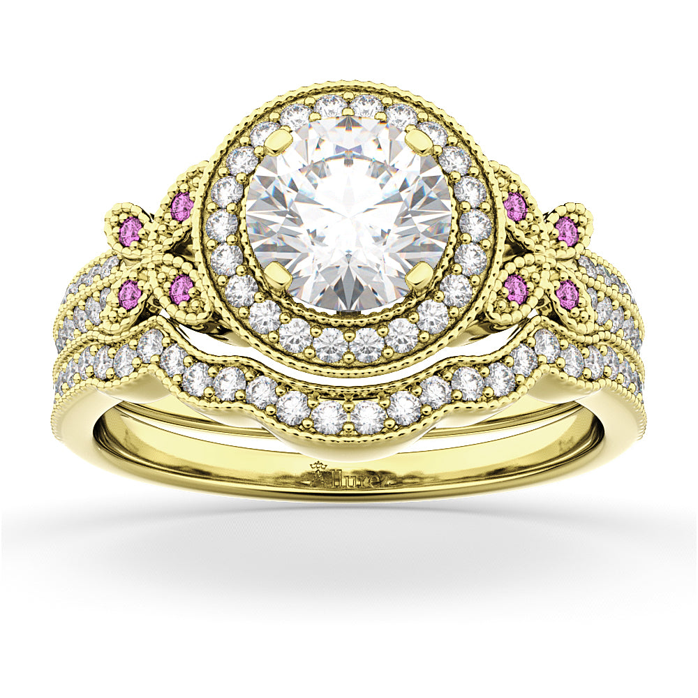 Butterfly Diamond & Pink Sapphire Engagement Set 18k Yellow Gold (0.50ct)