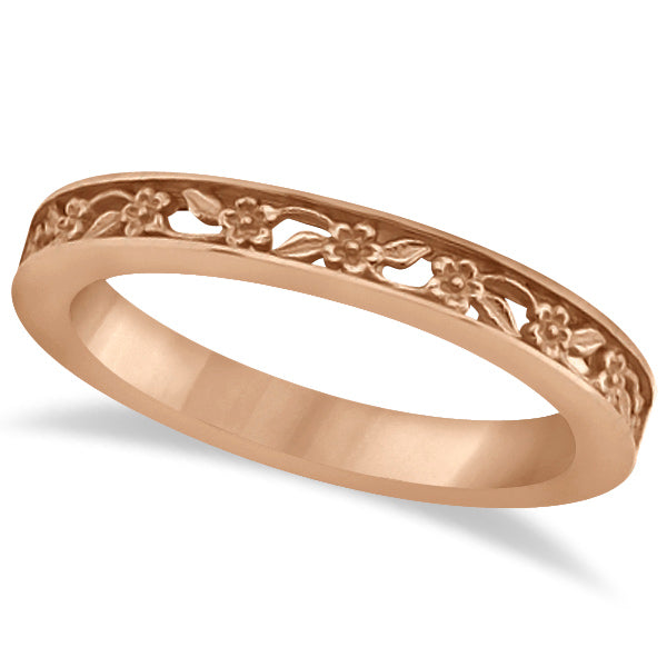 Flower Carved Wedding Ring Filigree Stackable Band 14k Rose Gold