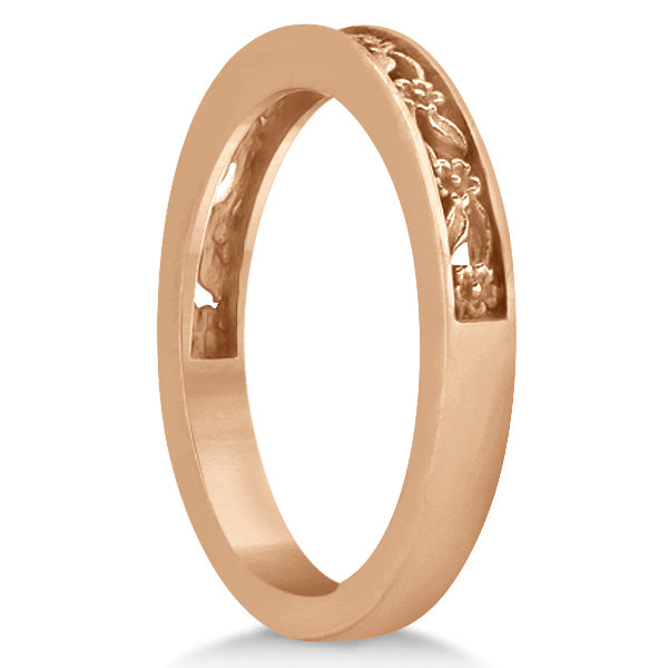 Flower Carved Wedding Ring Filigree Stackable Band 14k Rose Gold