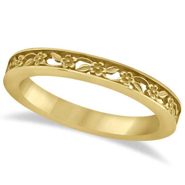 Flower Carved Wedding Ring Filigree Stackable Band 14k Yellow Gold