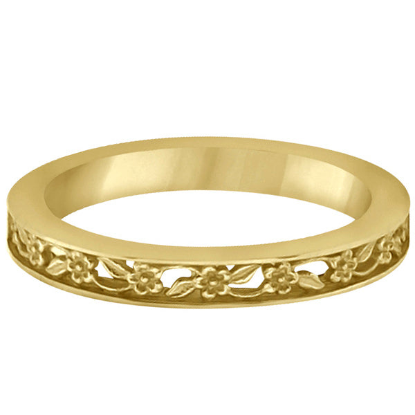 Flower Carved Wedding Ring Filigree Stackable Band 14k Yellow Gold