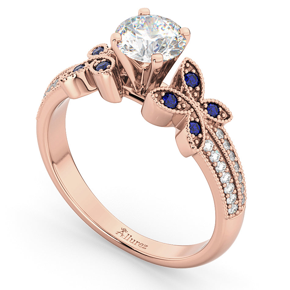 Diamond & Blue Sapphire Butterfly Engagement Ring 14K Rose Gold