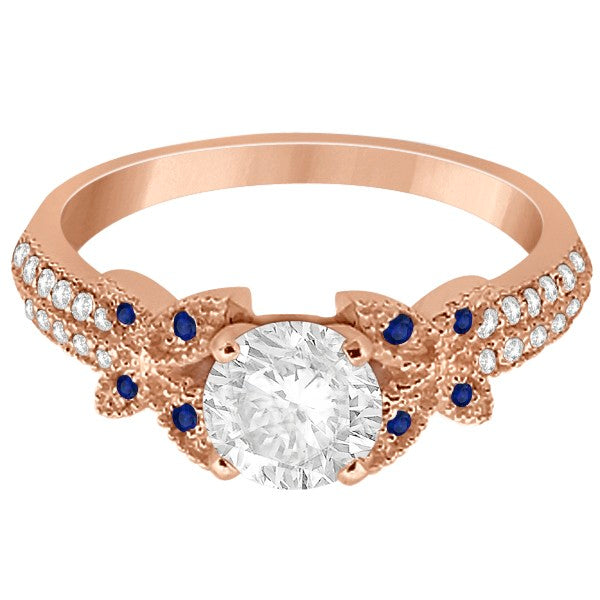 Diamond & Blue Sapphire Butterfly Engagement Ring 14K Rose Gold