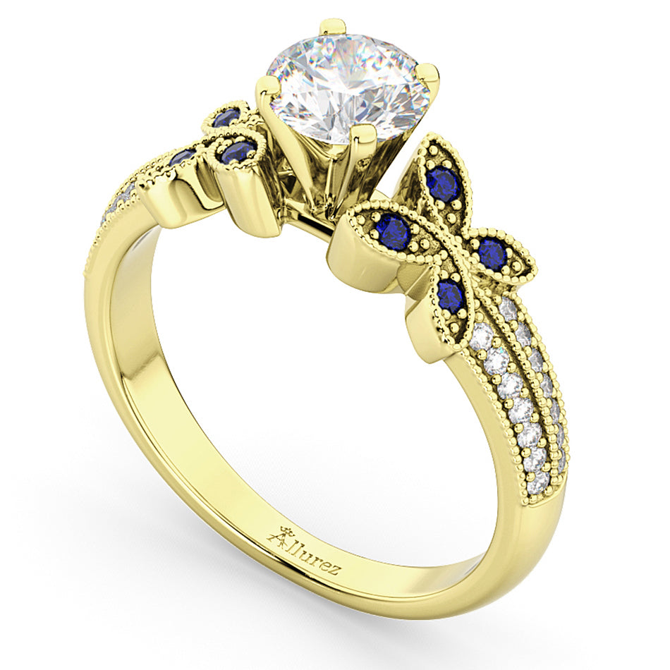 Diamond & Blue Sapphire Butterfly Engagement Ring 14K Yellow Gold
