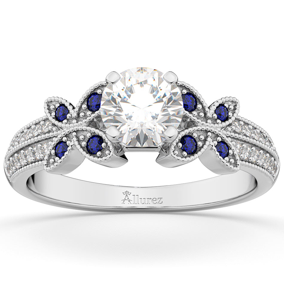 Diamond & Blue Sapphire Butterfly Engagement Ring 18K White Gold