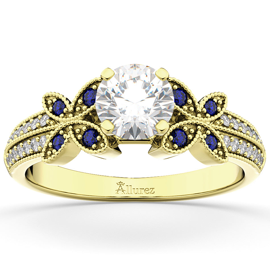 Diamond & Blue Sapphire Butterfly Engagement Ring 18K Yellow Gold