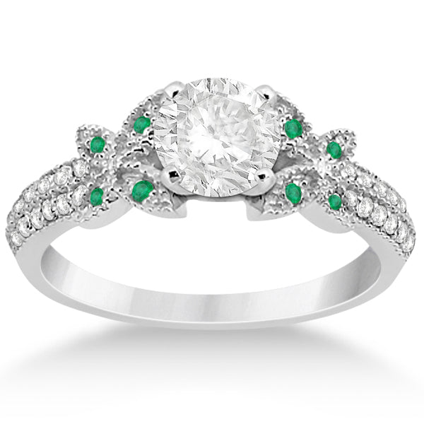Diamond & Green Emerald Butterfly Engagement Ring 14K White Gold